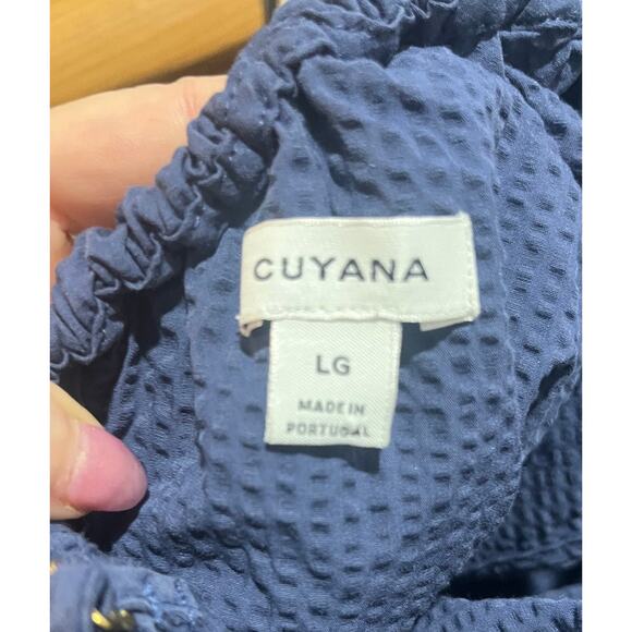 Cuyana One Shoulder 100% Cotton Seersucker Navy Dress Size L - Picture 5 of 5